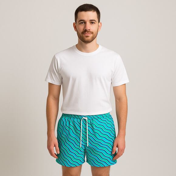 Fair Harbor Men’s Swim Trunks Shorts Blue Green Wave Print Lined Size XL NWOT - Picture 1 of 6